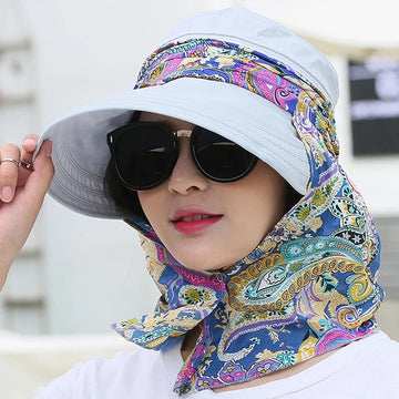 帽子女Women Anti-UV Sun Hat Beach Foldable Sunscreen Floral Print Caps Neck Face Care Wide Brim Hat New Summer Outdoor Riding