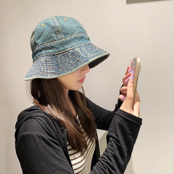 帽子女Cowboy fisherman hat for women in spring and summer, Japanese style, small and versatile, plain water bucket hat, big head, sun