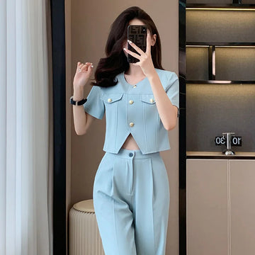 商务装女2024New Short Sleeve Suit Set for Women, Spring and Summer Fashionable and Stylish, Age-Reducing, Petite Short Professional Suit