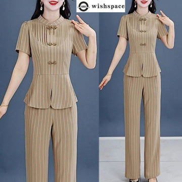 商务装女Spring and Summer New Fashion Style Slimming Stripe Short Sleeved Top Micro Flare Pants Age Reducing Two Piece Set