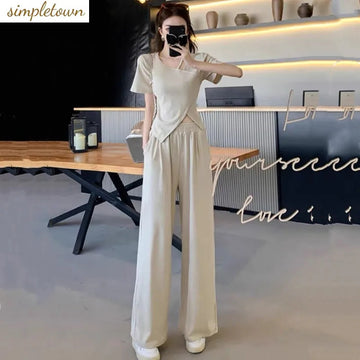 商务装女Summer new high-end niche irregular fashion suit loose high waist slim fit fashionable wide leg pants two-piece set