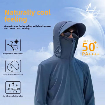 防晒衣男Ice Silk UV Protection Clothing Men's Summer Outdoor Fishing Face Covering Sunscreen Skin Shirt Thin Model for Hot Weather