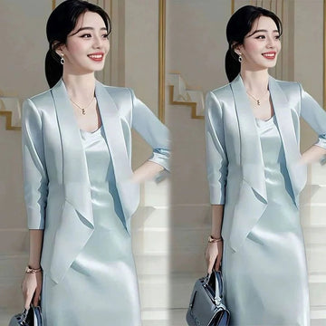 商务装女Autumn New Luxury Celebrity Party Outfits Elegant Solid Color Women Blazer + Sexy Spaghetti Strap Midi Dress OL 2pcs Sets 432P