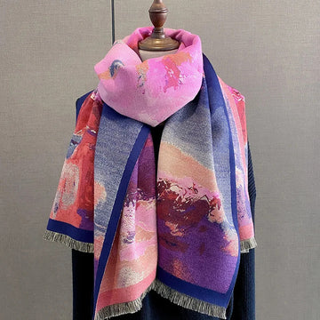 丝巾女New Retro Oil Painting Print Winter Cashmere Scarf Women Warm Thick Shawls Wraps Pashmina Office Fashion Bufandas Poncho Echarpe