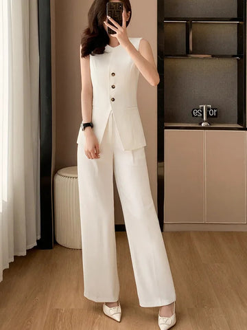 商务装女Tesco Solid Blazer Vest Wide Leg Pants Sets For Women 2024 Sleeveless Tops New In Matching Sets Women's Suit For Spring Summer