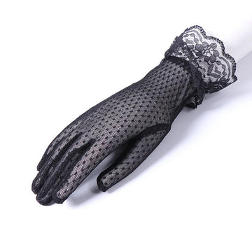 防晒手套女Fashion Sexy Summer Female Full Finger Sunscreen Short Lace Gloves Women Driving Spider Web Pattern Sun Anti-UV Black Gloves C48