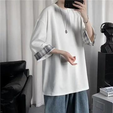 T恤男New Fashionable Summer Korean Style Short Sleeve T-shirt For Men Loose Fit Trendy Two-piece Illusion Half Sleeve Hong Kong Style