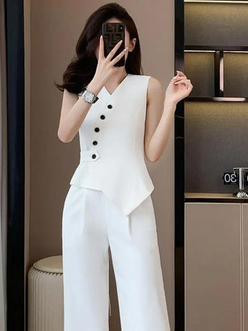 商务装女Women Fashion Suit Black White Gray V-neck Single Breasted Irregular Vest Tops And High Waist Wide Leg Pant Casual Two Piece Set