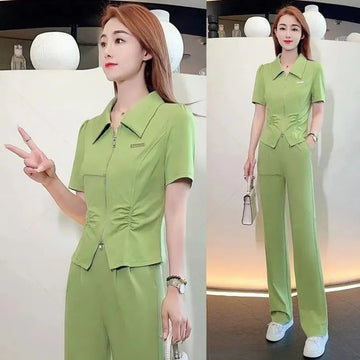 商务装女Women's Suit T-shirt And Wide Leg Pants Two Piece Set 2024 Spring Summer New Slim Casual Solid Color Capris Plus Size Clothing
