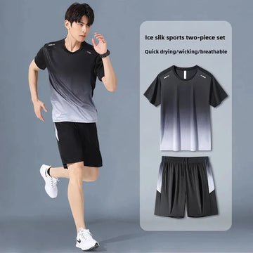 男士套装Men's Fitness Clothes Ice Silk Short Sleeves T-Shirt Quick Dry Summer Sports Suit Basketball Morning Running Shorts Training Roo