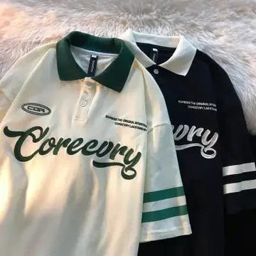 POLO男Vintage American Style Polo Collar T-shirt Half Sleeves 2023 New Couple Clothing Harajuku Style Printed Graphics Men Women's Top