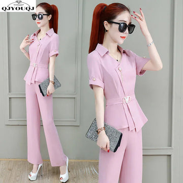 商务装女2024 Spring/Summer New Chiffon Wide Leg Pants Two Piece Set for Women's Summer High end Professional Style Celebrity Fashion Set
