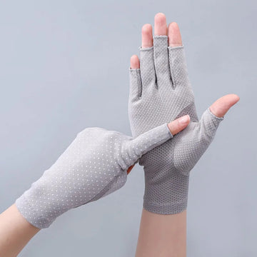 防晒手套女Summer Half Finger Women Sports Cotton Non-Slip Gloves Drive Cycling Sunscreen Short Fashion Personality Dots Anti-UV Thin