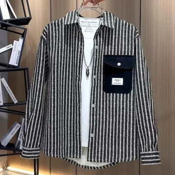 衬衫男Trendy Men's Casual Fashion Striped Color Blocking Jacket Loose Fit Versatile Light Luxury Lapel Shirt New Spring Autumn 2025