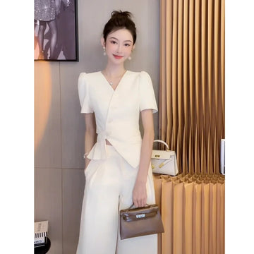 商务装女Korean Fashion Vest Suit Women Clothing Sleeveless Commuting White Coat+Casual Long Pants Fashion Two Piece Sets Women Outfits
