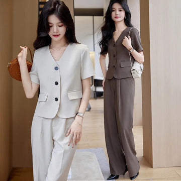 商务装女Off-White Short Sleeve Blazer for Women, Spring/Summer New High-End Elegant Petite Short Casual Suit Set