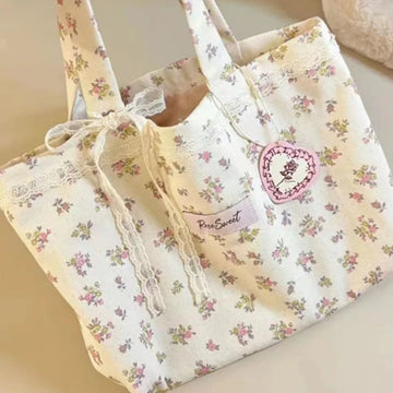 包包Large Capacity Printed Tote Bag Fashion Sweet with Lace Bow Storage Handbags Canvas Handbag