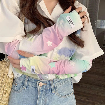 防晒冰袖女Girls UPF50+ Arm Sleeves Colorful Star Summer Sun UV Protection Half Finger Sleeves Cooling Running Cycling Long Arm Sleeve