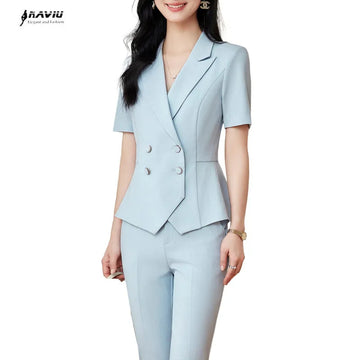 商务装女NAVIU Summer Fashion Blue Blazer Women Skirt Suits Jacket Ladies Work Wear Set Office Uniform Styles Knee Length Pink Black
