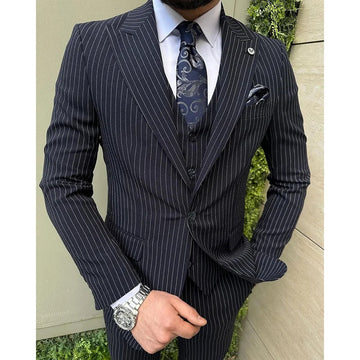 礼服男Black Pinstripe Men's Suits Single Breasted Peak Lapel Skinny Male Clothing Luxury Business 3 Piece Jacket Pants Vest Outfits
