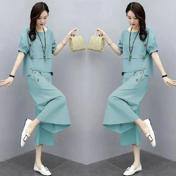 商务装女Women's Short Sleeves Wide Leg Pants Suit 2024 New Casual 2 Two Piece Set Spring And Summer Solid Color Loose Plus Size Clothing