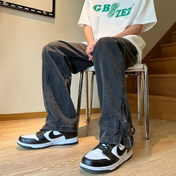 牛仔裤男Trendy Vibe 2024 American Style Vintage Light Blue Jeans Mens Slim Fit Casual High Street Bootcut Pants Side Slit Smooths Your S