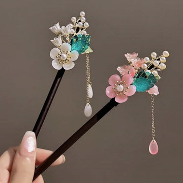 发饰Classic Chinese Wooden Tassel Hair Stick for Women Flower Fresh Pearl Handmade Hairpins Charm Jewelry Accessories Hair Ornaments