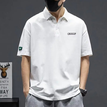 POLO男White Cotton Polo Shirt Short Sleeves Loose Fit American Style Design Sensibility T-shirt Trendy For Young Men Summer