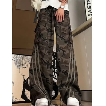 休闲裤男Striped Camouflage Sports Cargo Pants Men Loose-Fit Straight-Leg Casual Wide-Leg Jazz Dance Trousers American Style Vintage