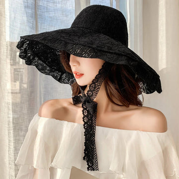 帽子女2023 New Fashion Women Summer Hat Ladies Solid Lace Wide Brim Sun Hat Bucket Cap Female Elegant Packable Panama Beach Hat