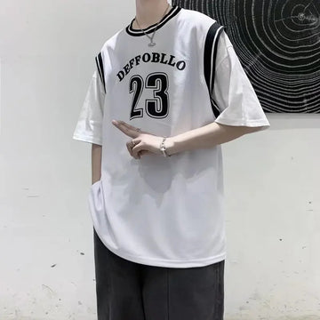 T恤男Men's Basketball Sports Shirt Loose Fit 2022 Summer Two-Piece Illusion Splicing Student Versatile Trendy Short Sleeve T-Shirt