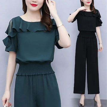 商务装女Women's 2022 New Summer Girdle Lace Openwork Off-the-shoulder Short Sleeve Tops Wide Leg Pants Two Piece Set For Women Clothing