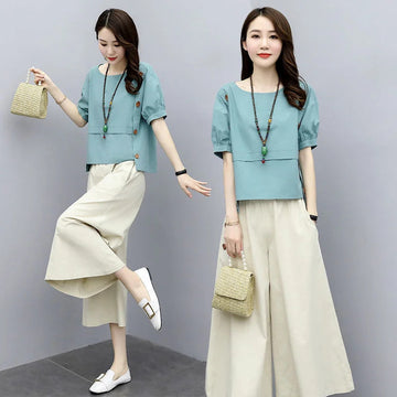 商务装女Women's Summer Office Suit Wide Leg Pants 2021 New Slim Ethnic Plus Size Western Style Retro Casual Two Piece Set Crop Top Women