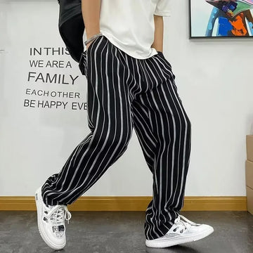休闲裤男American Style Hip Hop Striped Pants For Men Summer Trendy Brand High Street Loose Fit Draped Ice Silk Straight Leg Wide Leg Swe