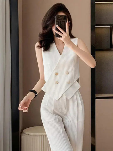 商务装女Summer Chic Stripes Office Ladies Two-piece Set Womem Irregular Double Breasted Vest Tops And High Waist Ankle-length Pants Suit