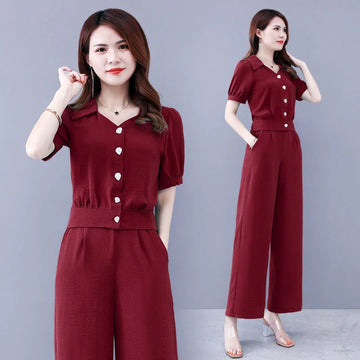 Women's Popular Suit 2021 Summer New Fashion Foreign Goddess Casual Crop Top Wide Leg Pants Two Piece Set Women V-Neck Blouses
