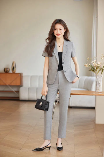 NAVIU Women Short Sleeve Suit Jacket Office Work Gray Blazer Blazer And Pants For Ladies Office Summer Slim Fit Formal Work Wear