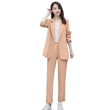 Lady Formal Clothes Elegant Women's Business Suit Set with Double-breasted Coat High Waist Pants for Formal Office Wear Commute