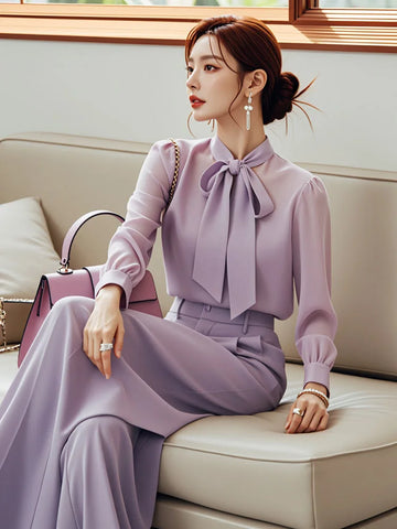 Shirt Ladies Trouser Spring Autumn Wide Leg Holiday Outfits Women's Blouse and Pants Two Piece Set 2024 Sexy Chic Elegant Full