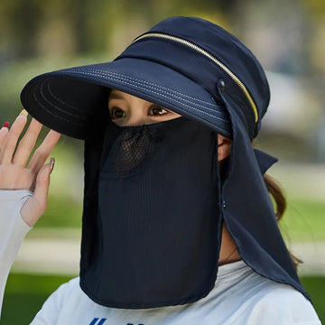 Women Outdoor Riding Anti-UV Sun Hat Foldable Big Brim Hats Neck Face Protection Detachable Mask Sunscreen Breathable Beach Caps
