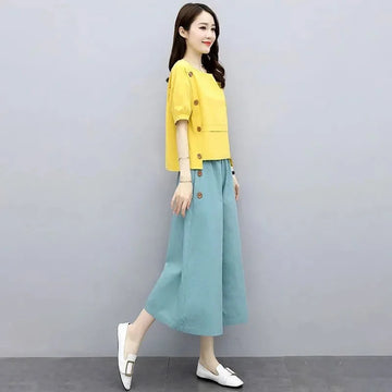 Women's Casual Suit 2023 Spring Summer New Pure Colour Loose Fitting Fashion Simple Crop Top And Wide Leg Pants 2 Two Piece Set
