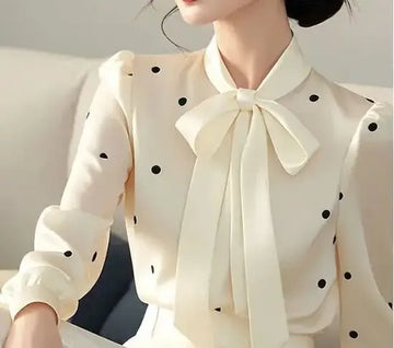 Polka Dot Bow Neck Elegant Shirts Tops Spring Autumn Long Sleeve Loose All-match Temperament Blouse Korean Fashion Women Clothes