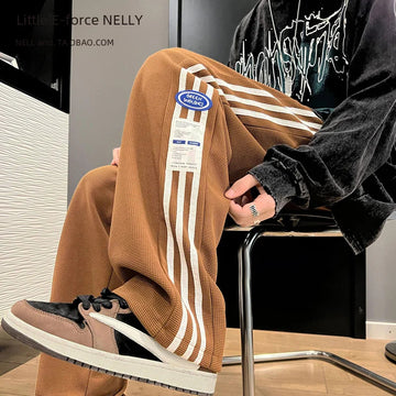 休闲裤男Men's Summer Thin Striped Sports Trousers Loose Straight-leg Casual Pants Vintage High Street Vibe Trendy Casual Pants