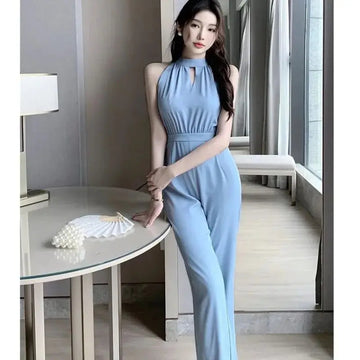 商务装女2024 Summer New Style Body Suits For Women Romper Solid Color Hanging Neck Off Shoulder High Waist Slim Jumpsuits Wide Leg Pants