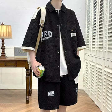 男士套装Trendy Ice Silk Men's Short Sleeve Shirt Suit Summer New Style Color Blocking Splicing Casual Shirt Shorts 2-piece Set