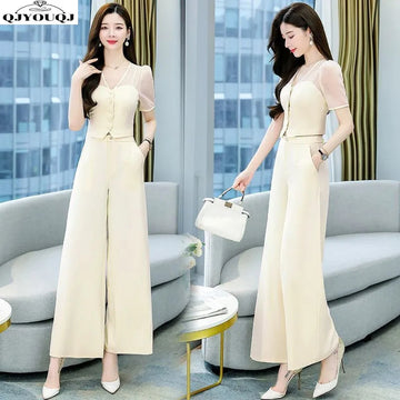 商务装女Wide Leg Pants Set for Women 2024 New Summer Temperament Goddess Style Fashion Short Top Slimming Wide Leg Pants Two-piece Set