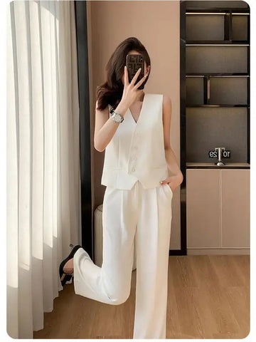 商务装女Women Black White Sleeveless Single Breasted Blazer Vest Coat And High Waist Wide Leg Pant Blue Two Piece Sets 2024 New Summer