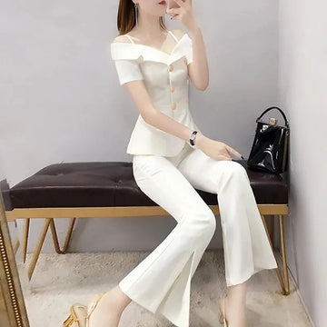 商务装女Summer New ladies Suspenders Shoulder White Temperament Elegant Suit small Fragrance Fashion Flared Pants Casual Two-Piece Suit