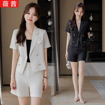 商务装女2024Summer New Style Apricot Professional Small Suit Collar Short Sleeve Jacket Women Shorts Two-Piece Set Simple Fashion