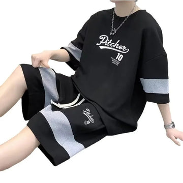 男士套装New Loose-Fit Short Sleeve Casual Sports Two-Piece Set For Young Men Summer Fashion Student Men's Suit Combo